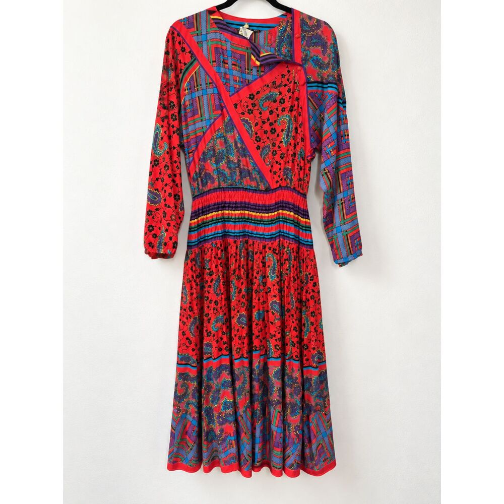 Vintage 80s Diane Freis Red Paisley Mixed Print Georgette Maxi Dress